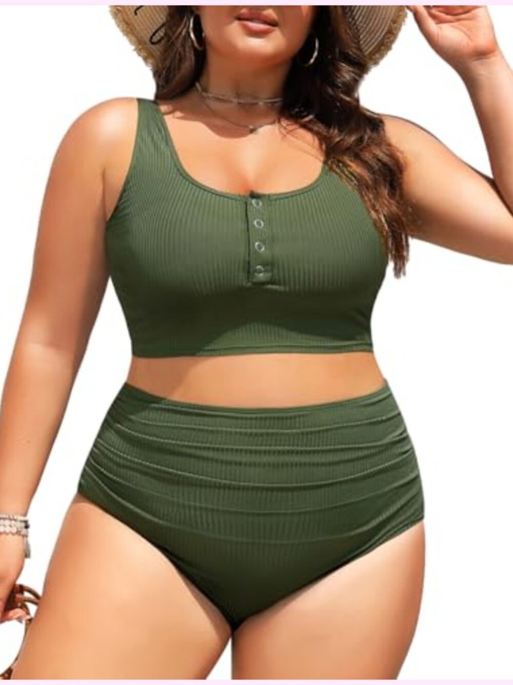 Plus Size 2 Piece Swimsuit High Waisted Bikini Tummy Control Ribbed Bathing Suit